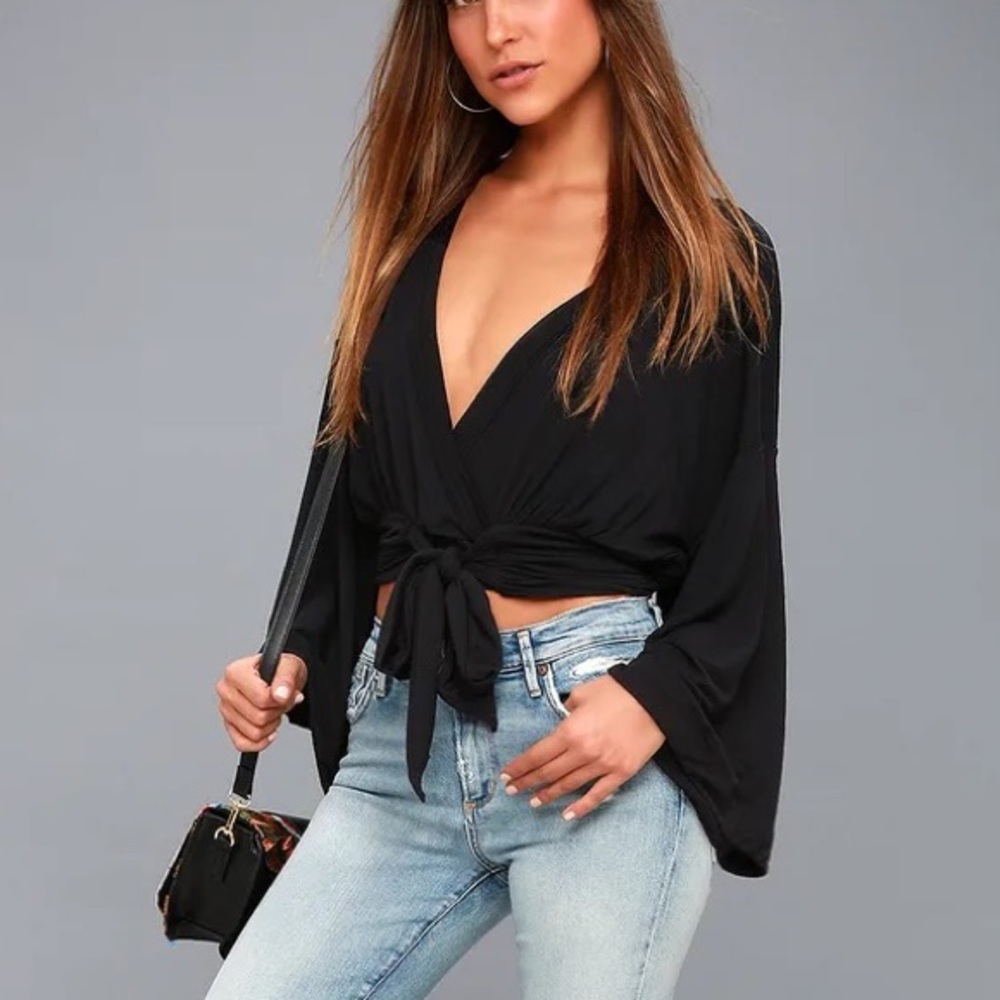 Free People That’s a Wrap Black Bell Sleeve Crop Top